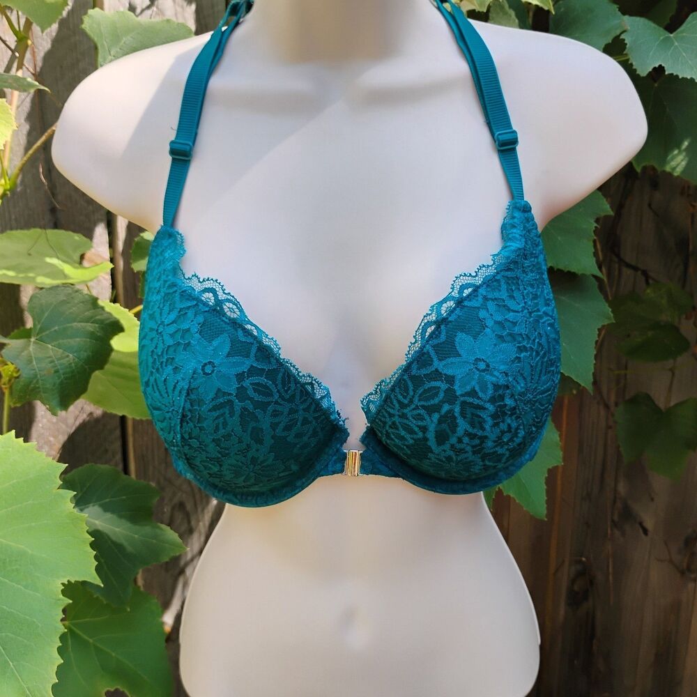 Auden Lace Plunge Push Up Racerback Bra 38C Teal Blue Front Closure Turquoise